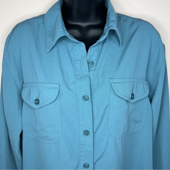 Large Vintage Laura Scott Teal Blue Long Sleeve Button Down Top Roll Tab - Picture 3 of 9